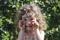 bambina raccoglie i pomodorini